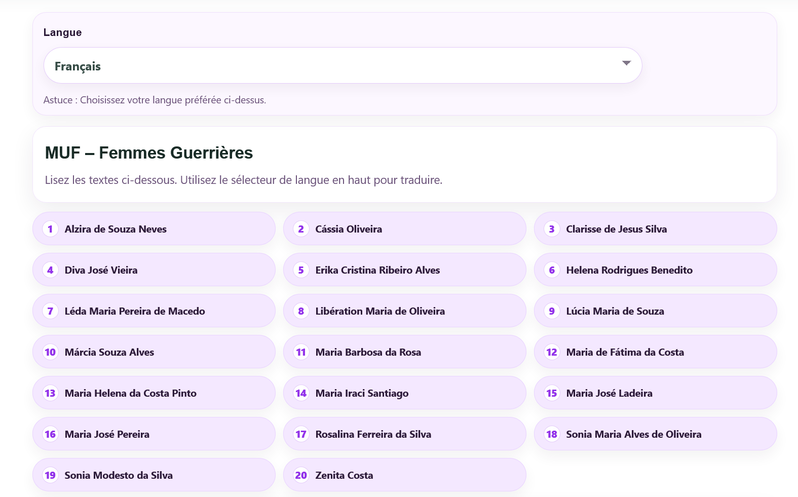 Sistema multilíngue do MUF — seletor de idioma com suporte a português, inglês, espanhol e francês