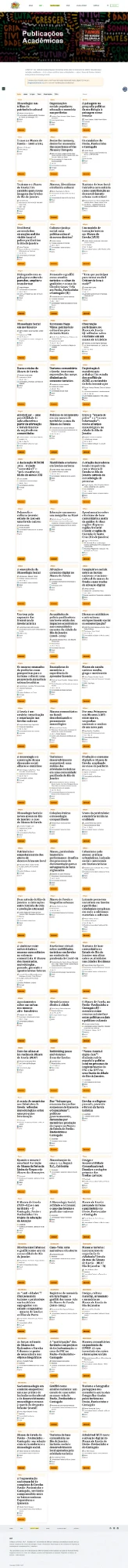 Página de Publicações Acadêmicas do MUF alimentada por planilha Excel — grid com centenas de publicações